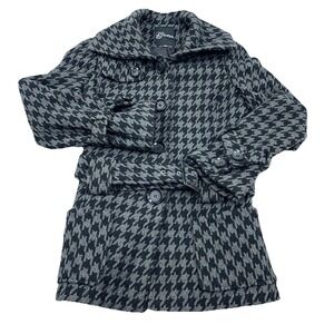 Guess Jacket Women Small‎ Black Grey Houndstooth Plaid Wool Blend Belted Peacoat